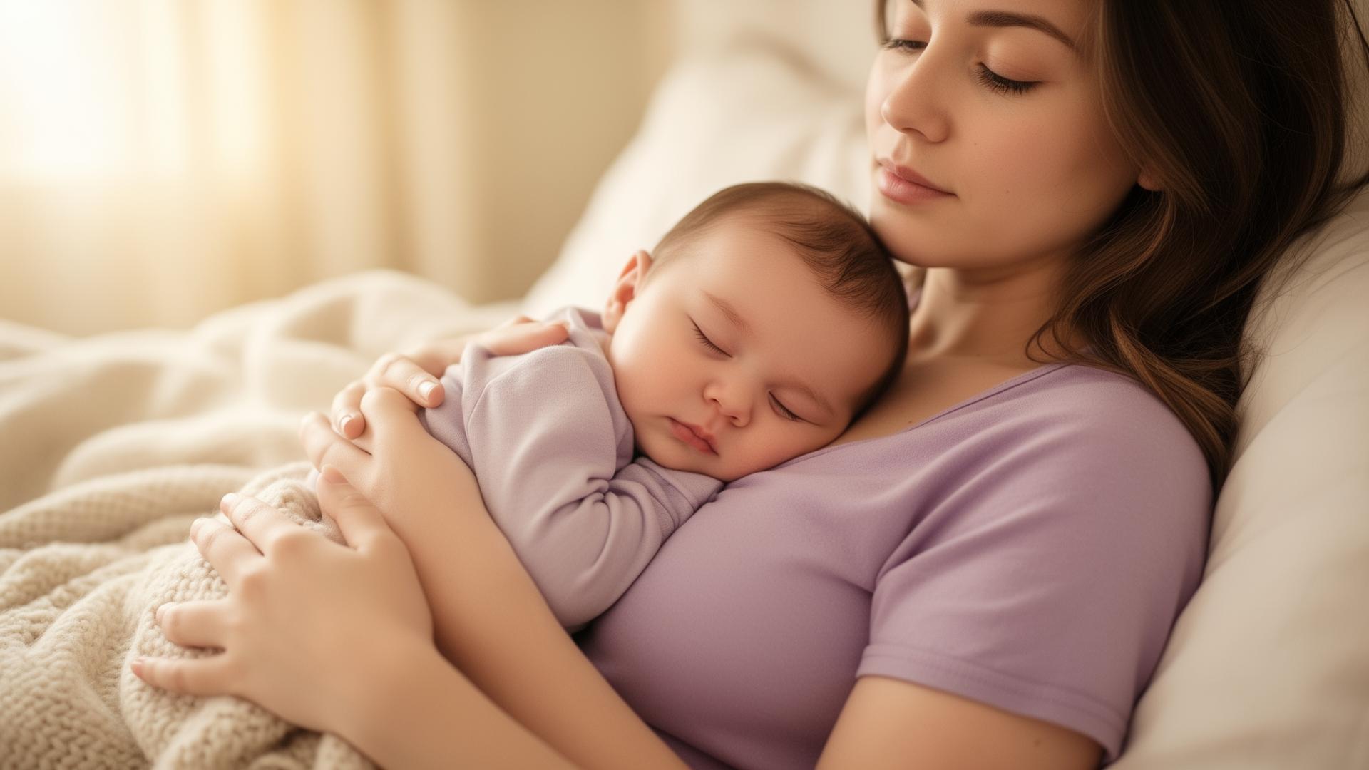 Bebê dormindo tranquilo no colo da mãe